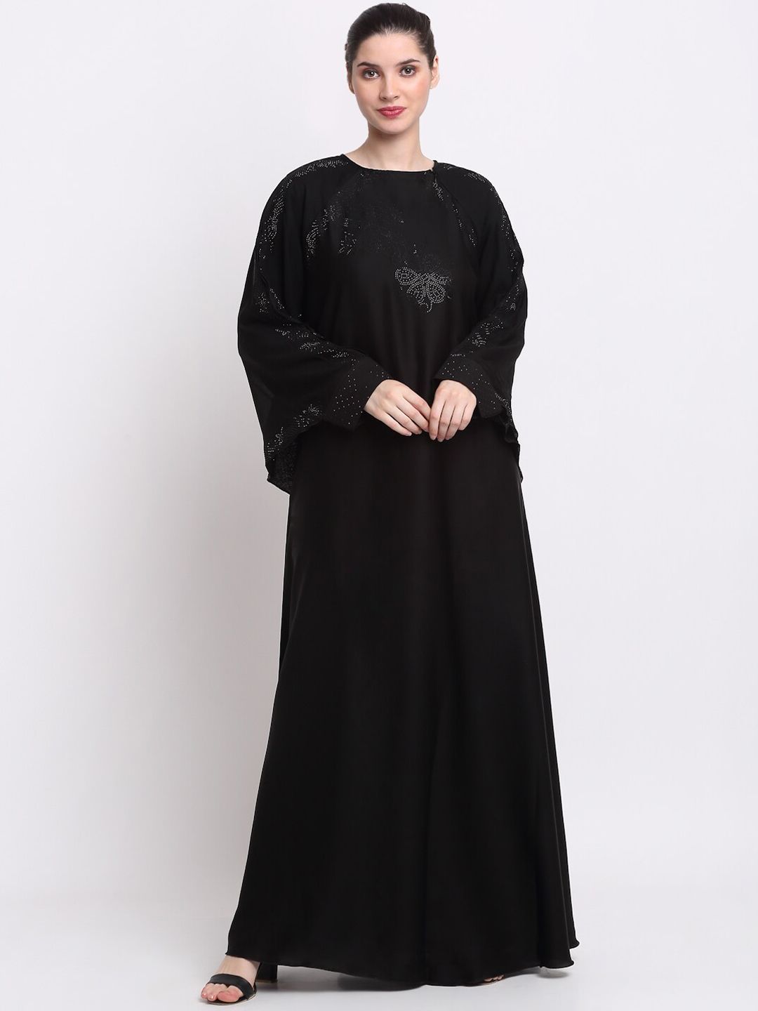 KLOTTHE Women Black & Silver-Coloured Embellished Burqas With Scarf