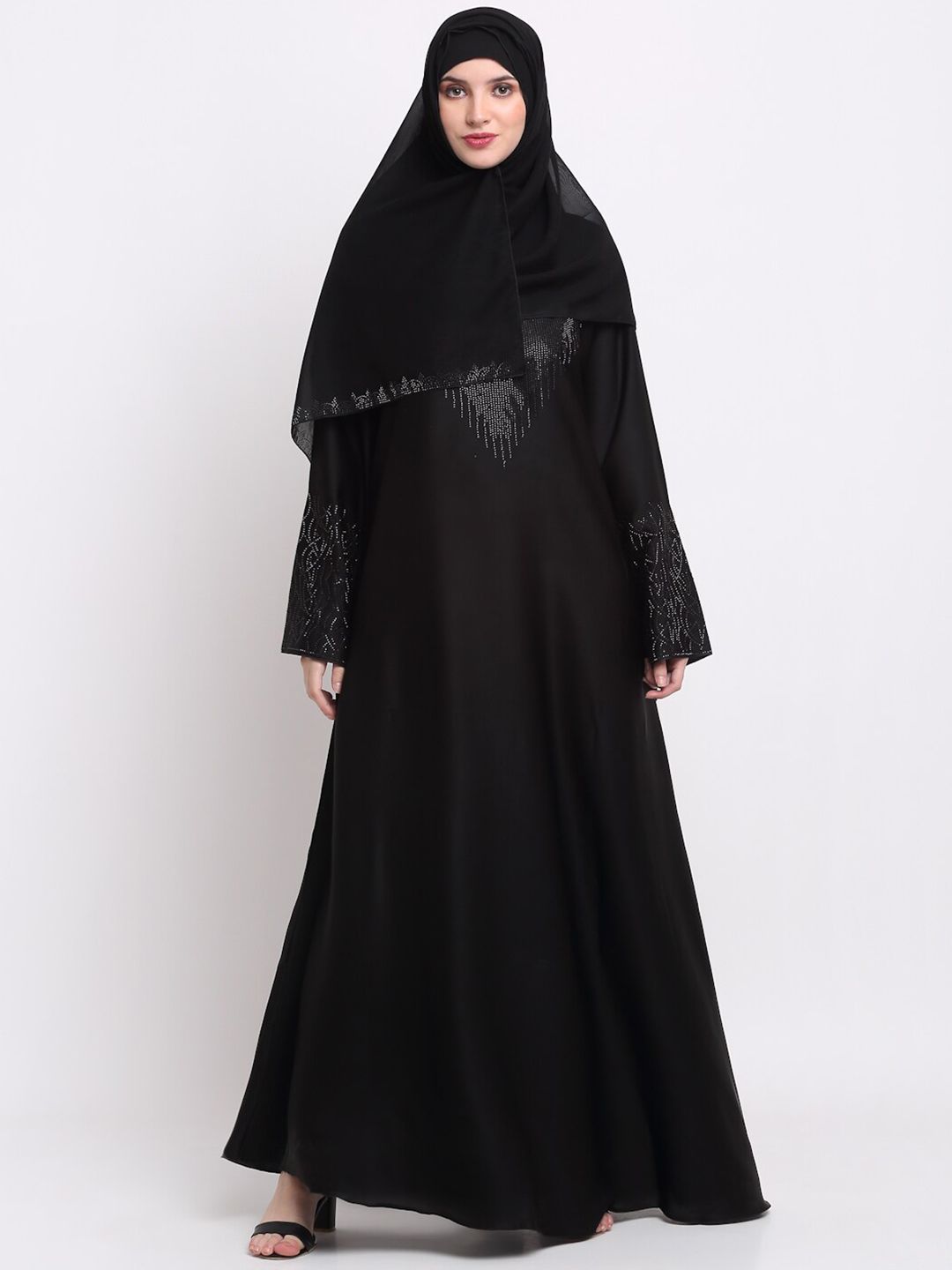 KLOTTHE Women Black & Silver-Coloured Embellished Burqas With Scarf
