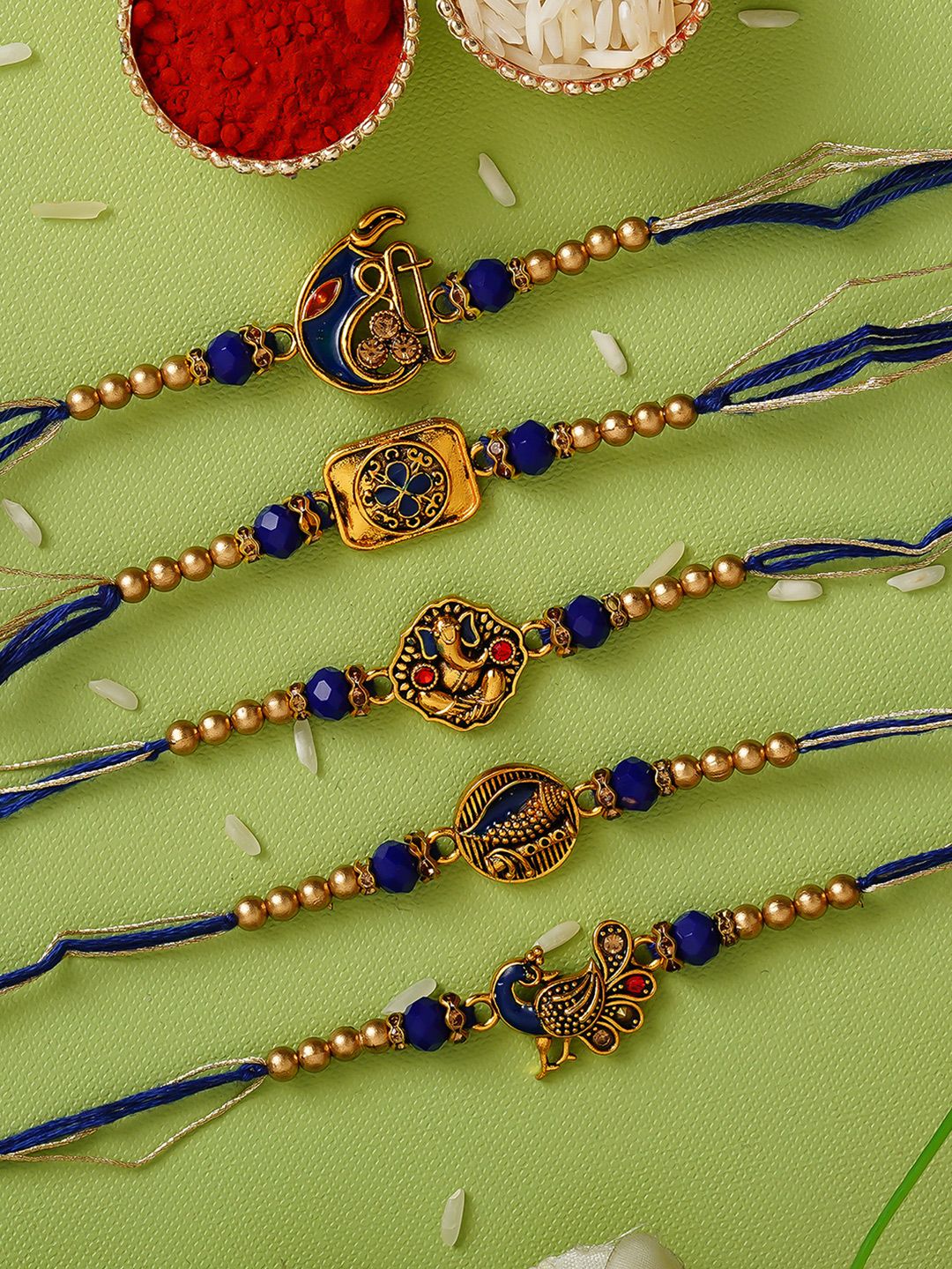 Buy ECraftIndia Pack Of 5 Blue & Golden Religious Rakhis & Roli Chawal -  - Accessories for Unisex