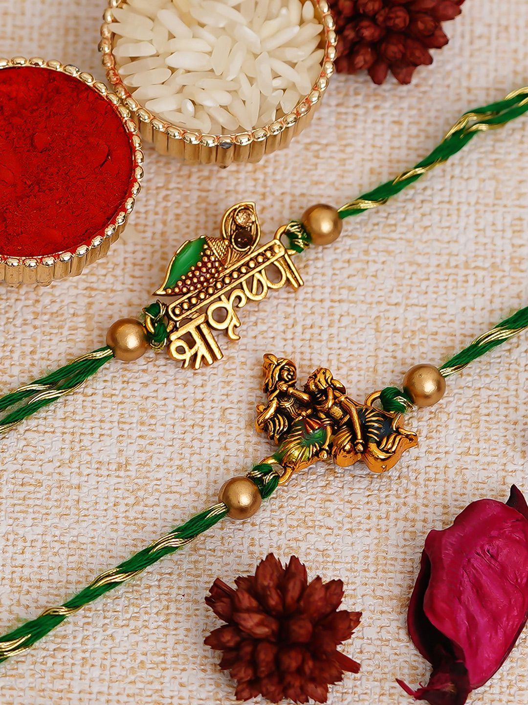 Buy ECraftIndia Green & Gold Toned Lord Krishna Pack Of 2 Rakhis And Roli Chawal -  - Accessories for Unisex