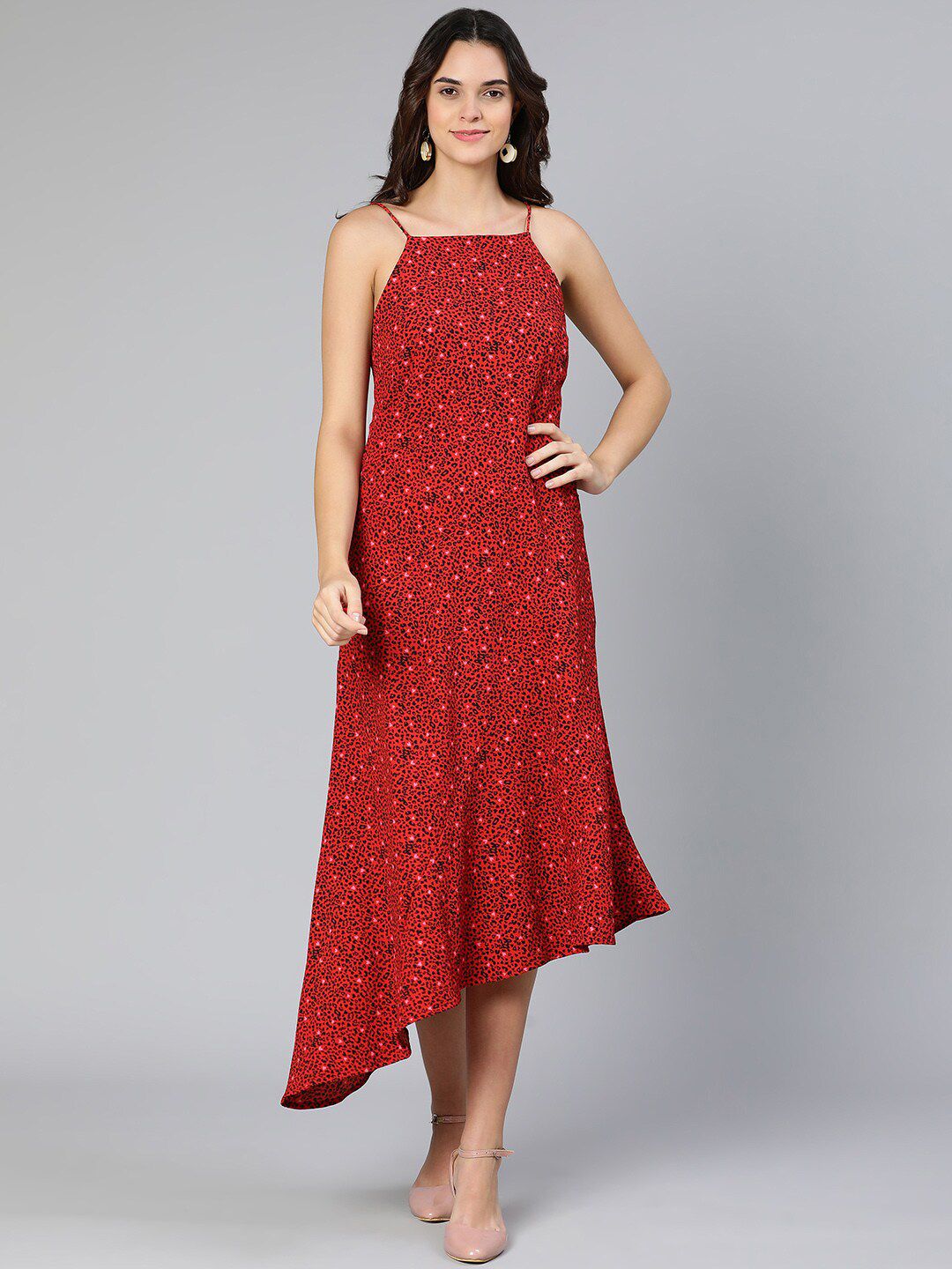 Oxolloxo Red Floral Satin A-Line Midi Dress
