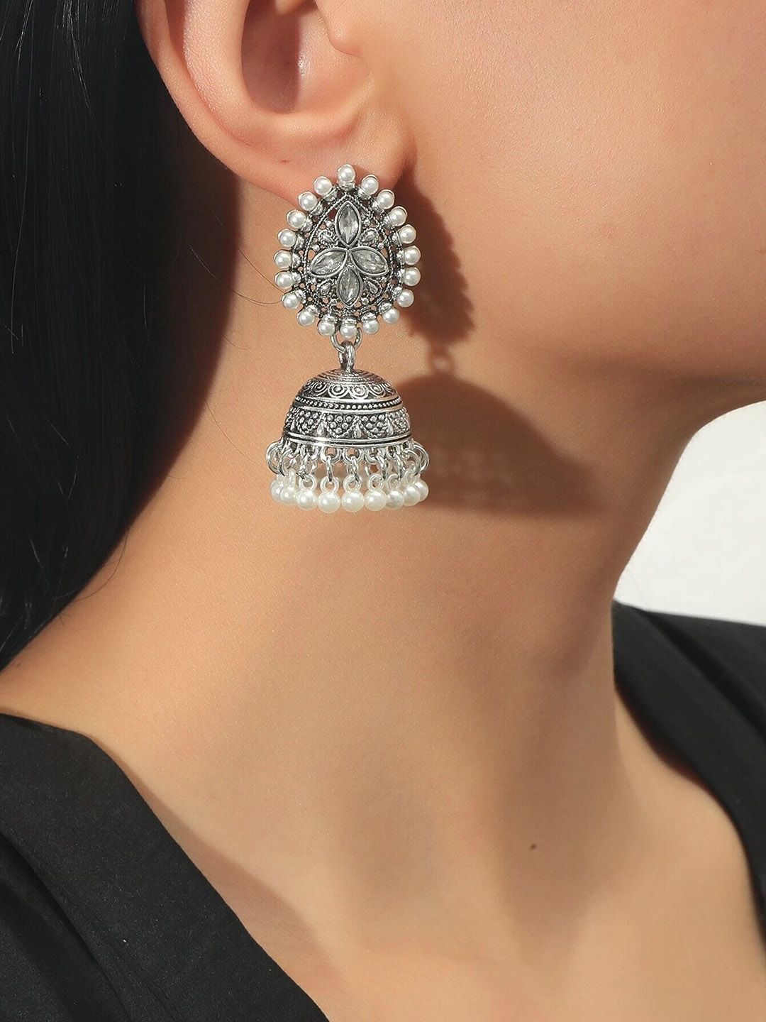 OOMPH Silver-Toned Dome Shaped Jhumkas Earrings