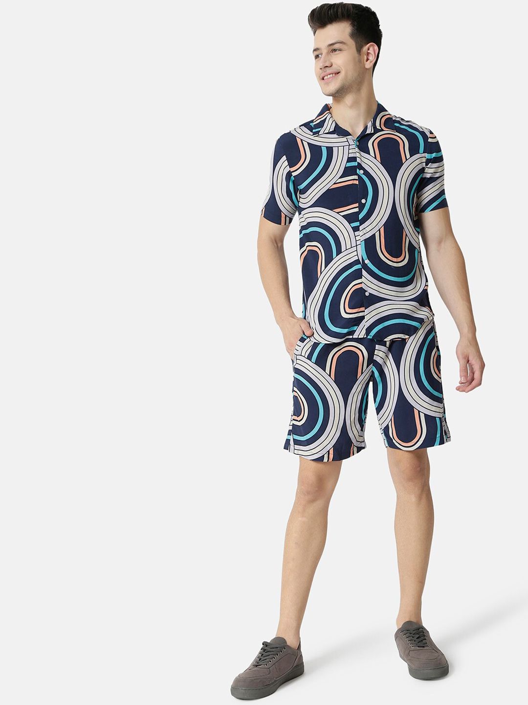 CAHOOT Men Navy-Blue & Yellow Graphic Printed Co-Ords