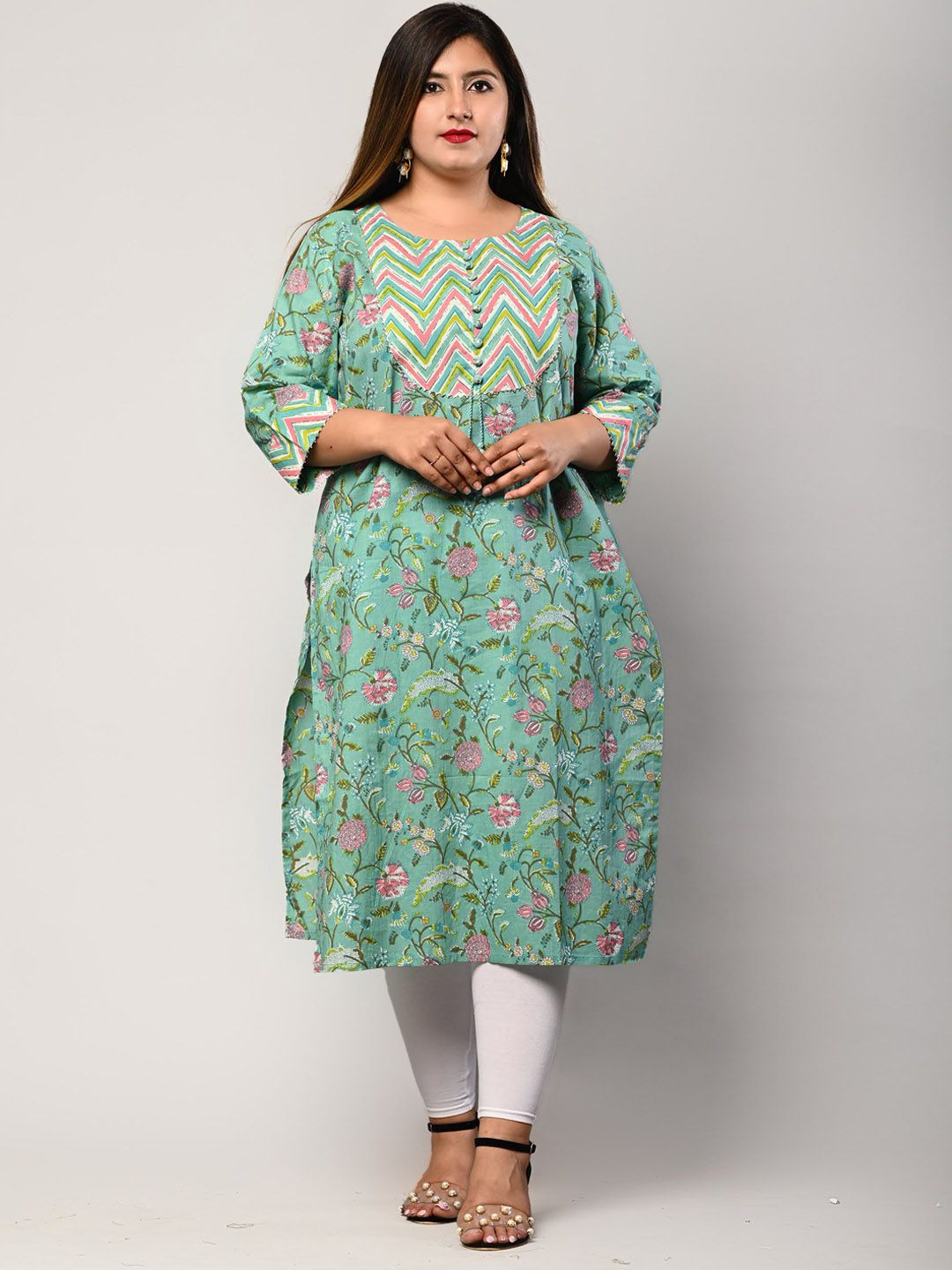 Swasti Women Green Floral Printed Flared Sleeves Floral Kurta
