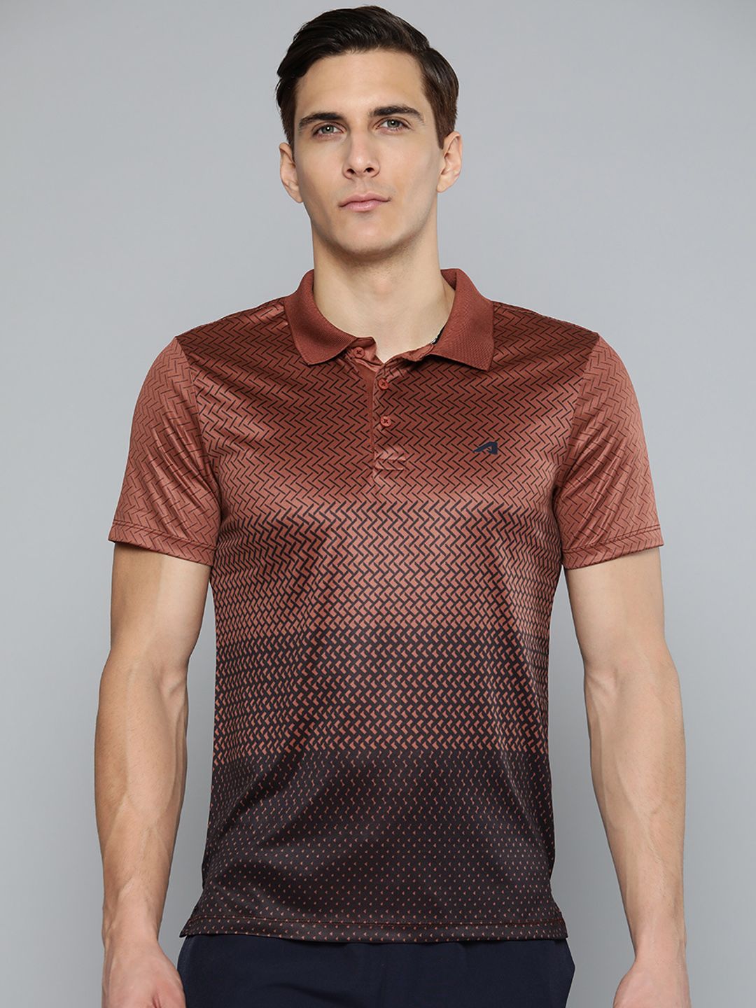 Alcis Men Brown & Black Printed Polo Collar Slim Fit Running T-shirt