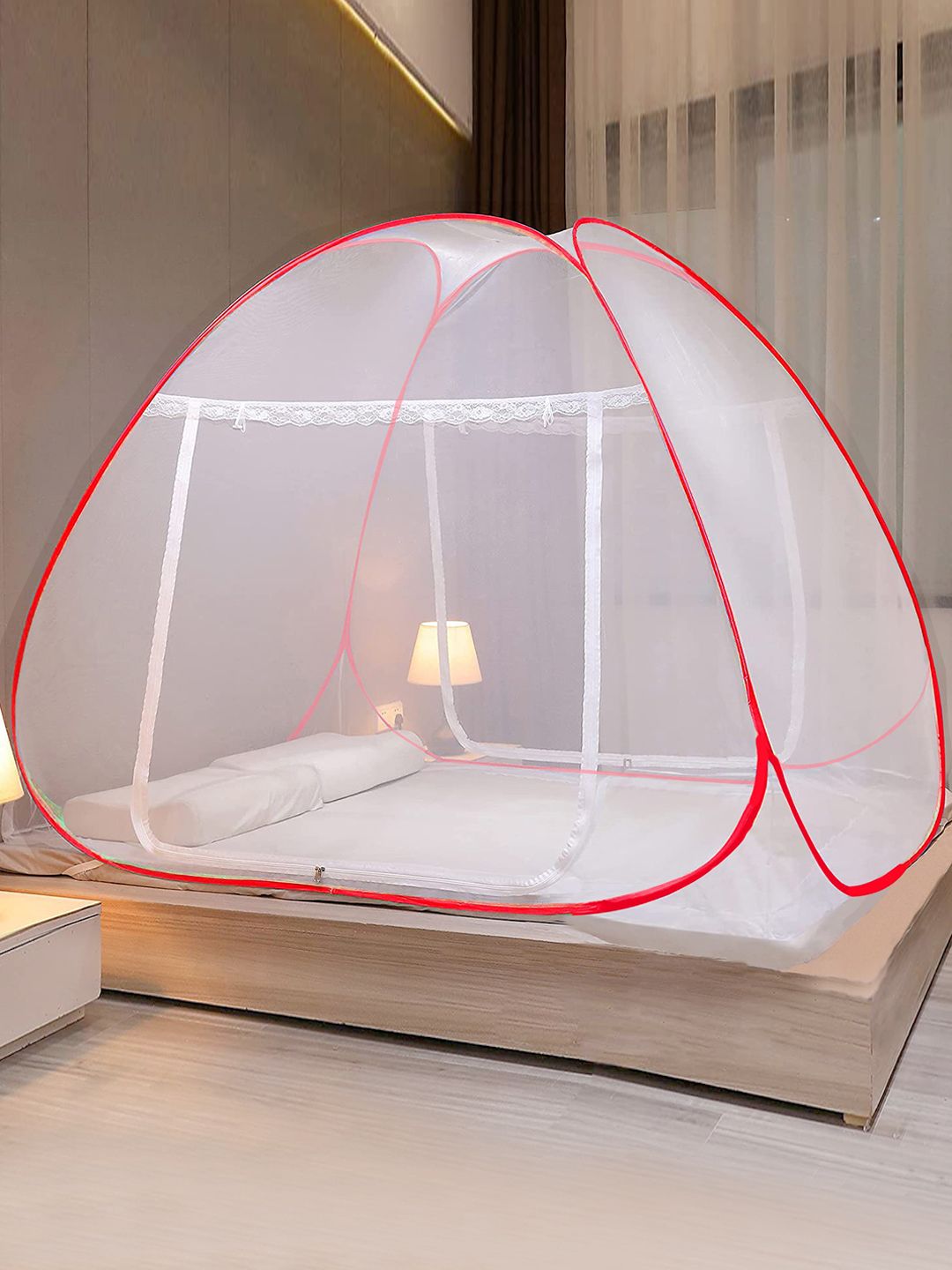 Evafly White & Red  Double Bed Mosquito Net