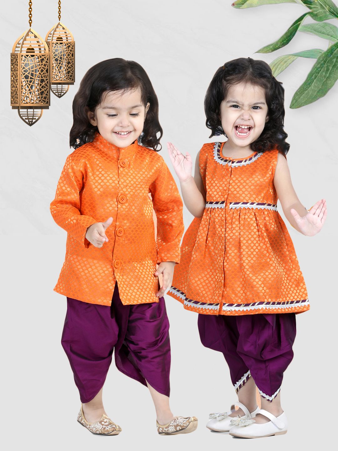 BownBee Girls Orange Jacquard Top with Dhoti
