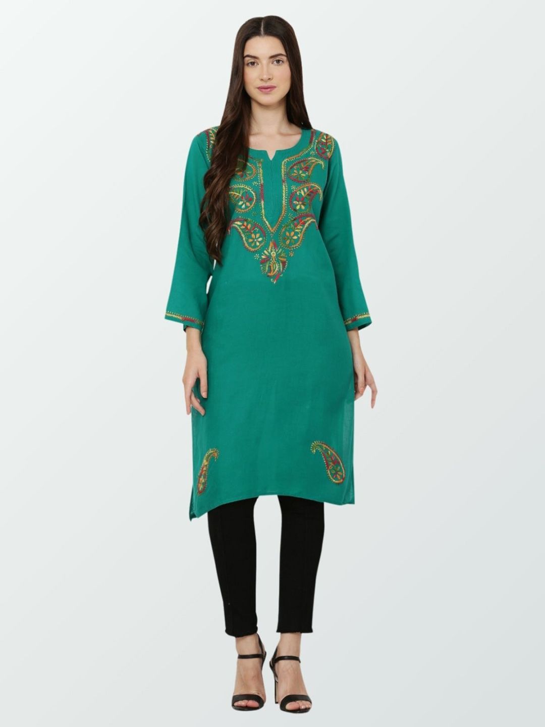 FAWOMENT Women Green Paisley Embroidered Flared Sleeves Patchwork Pathani Kurta