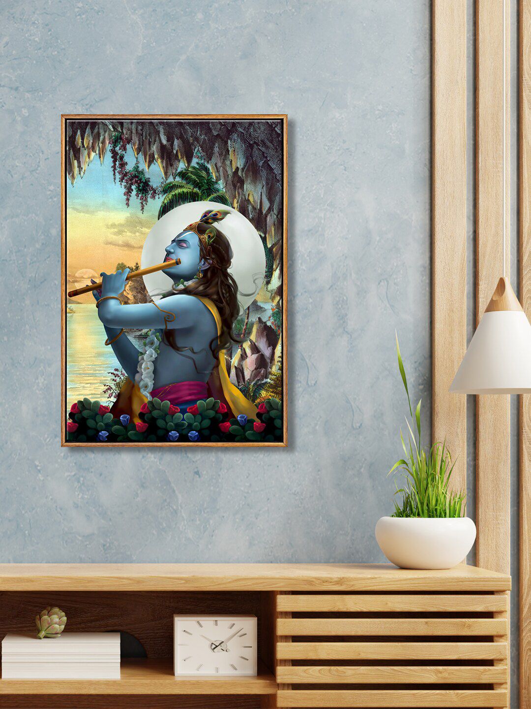 999Store Blue & Black Lord Krishna Playing Flute Framed Wall Painting