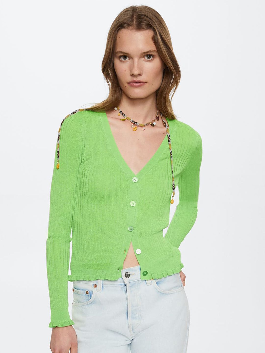 MANGO Women Green Solid Ribbed Knitted Cardigan