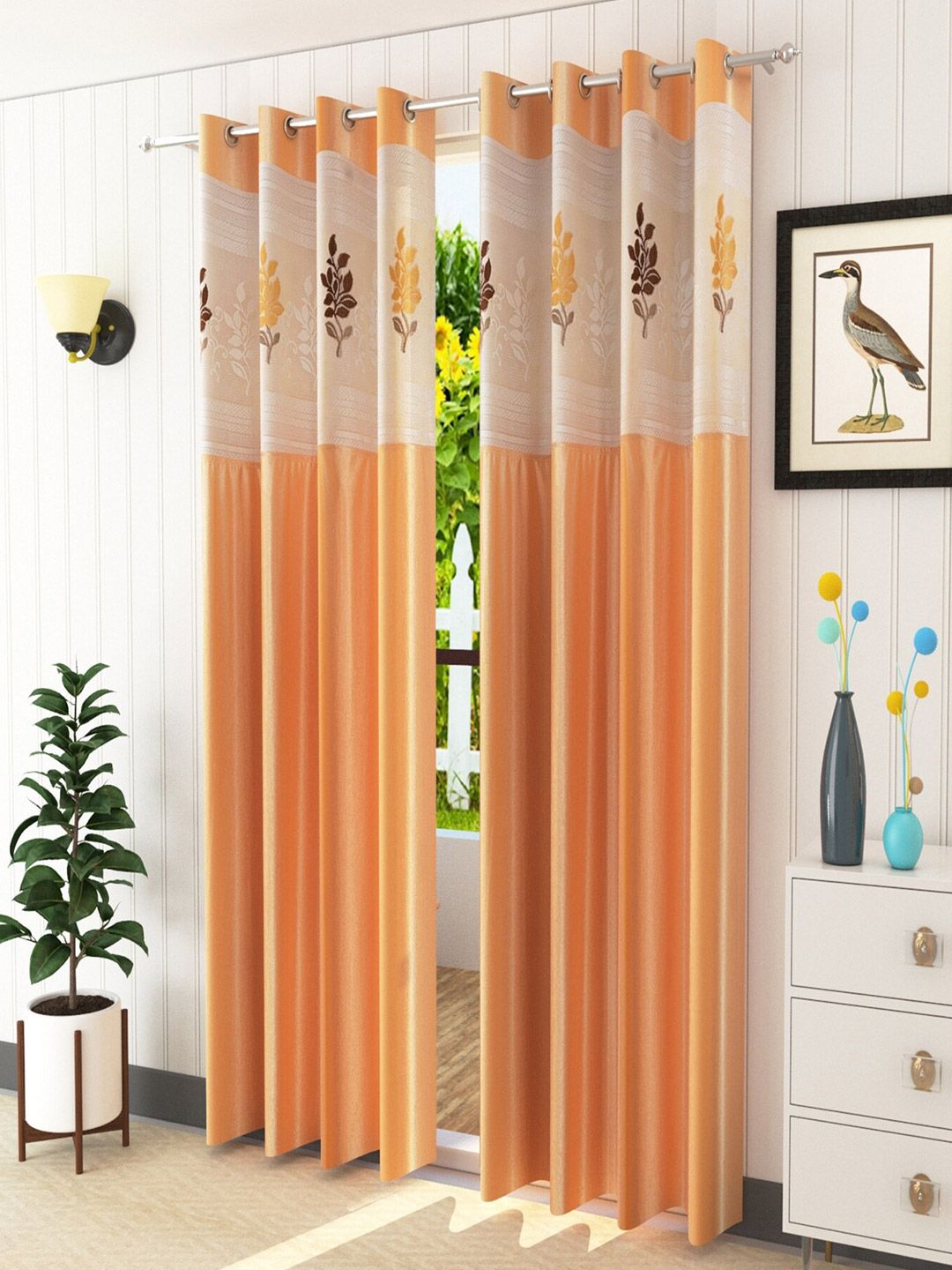 Homefab India Beige & White Set of 2 Floral Sheer Long Door Curtains- 9 Feet