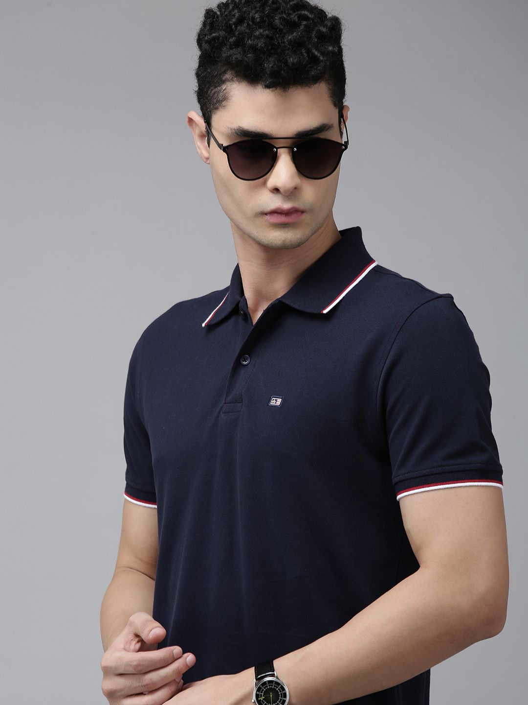 Arrow Men Navy Blue Polo Collar Pure Cotton T-shirt