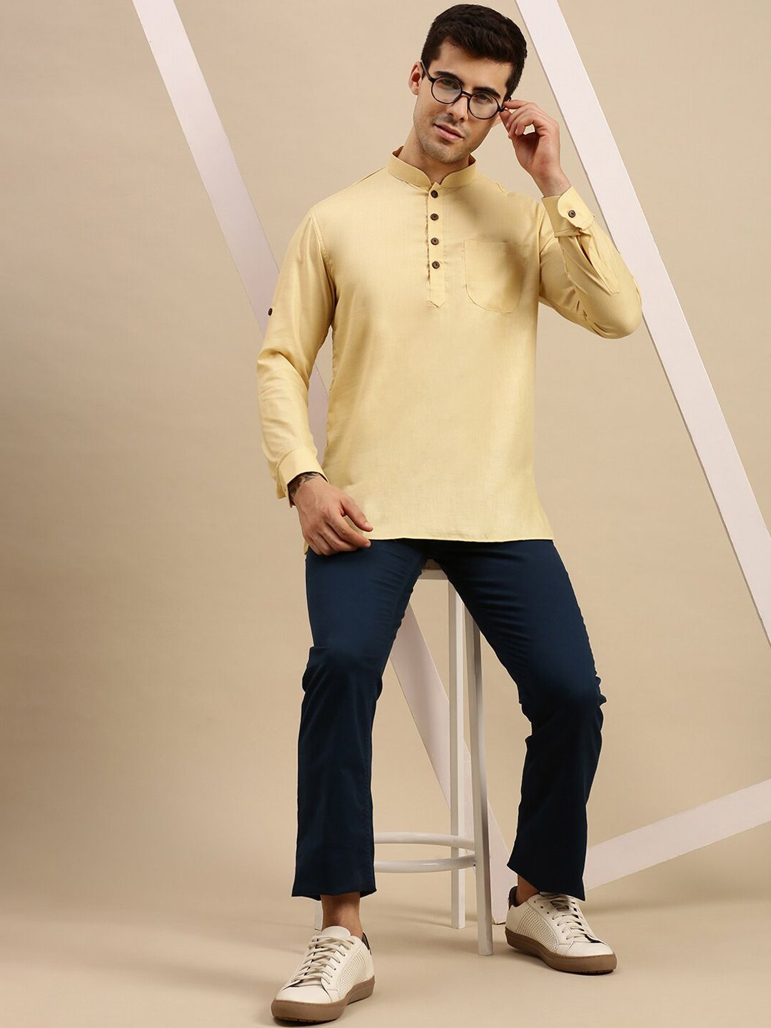Sanwara  Men Beige Yoke Design Cotton Kurta