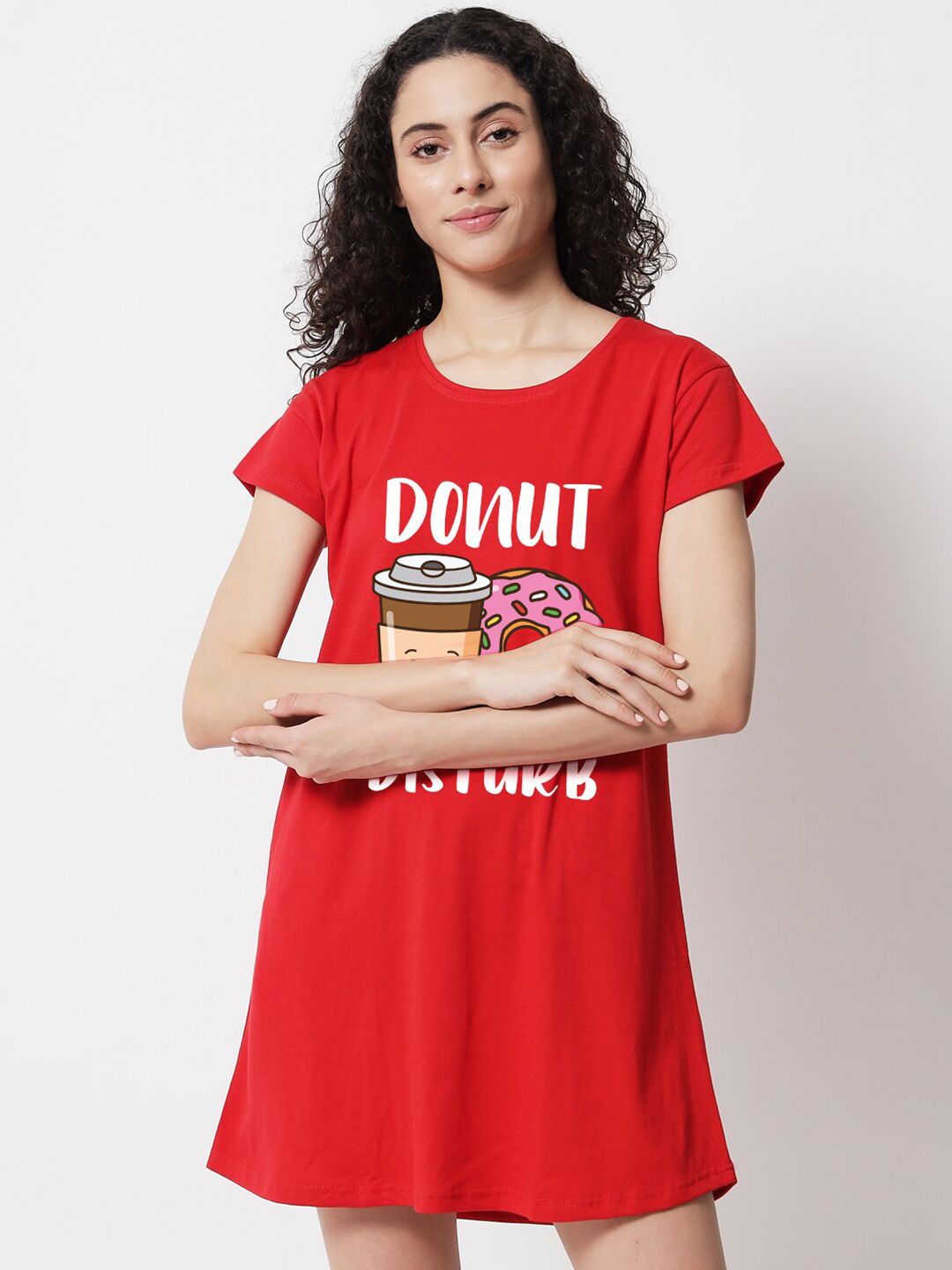 FFLIRTYGO Red Printed T-Shirt Nightdress