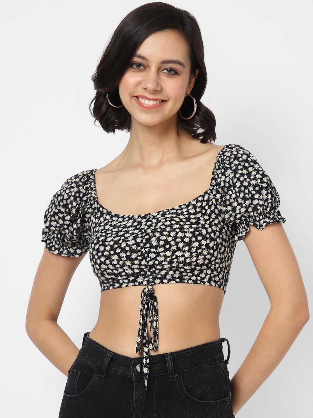 VASTRADO Black & Multicoloured Floral Print Puff Sleeves Crop Top