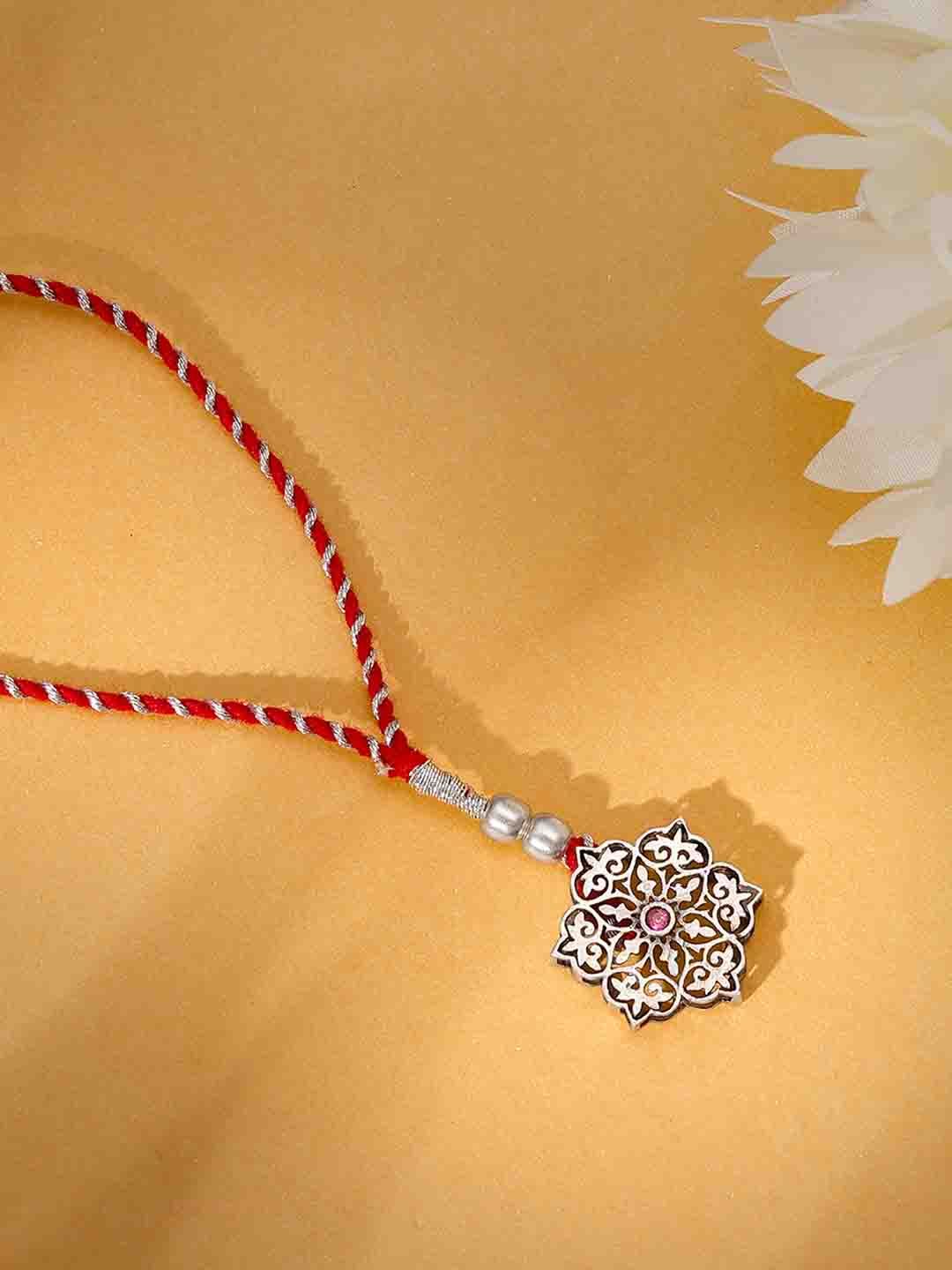 GIVA 925 Sterling Silver Oxidised Pop Pink Flower Loomba Rakhi