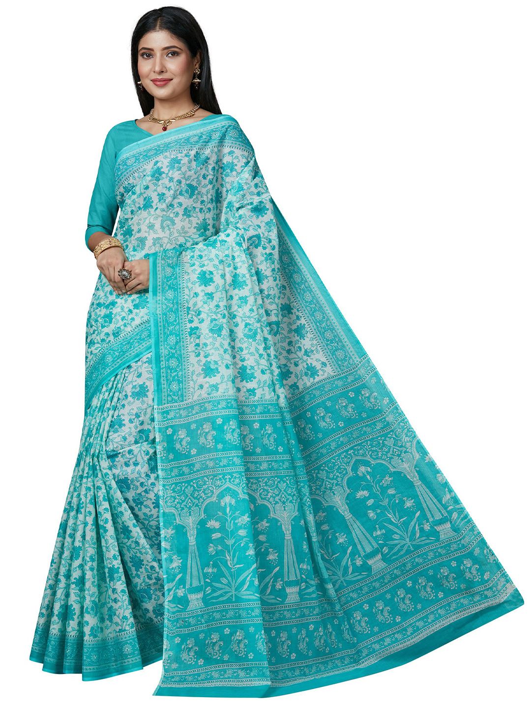 SHANVIKA Green & White Floral Pure Cotton  Block Print Saree