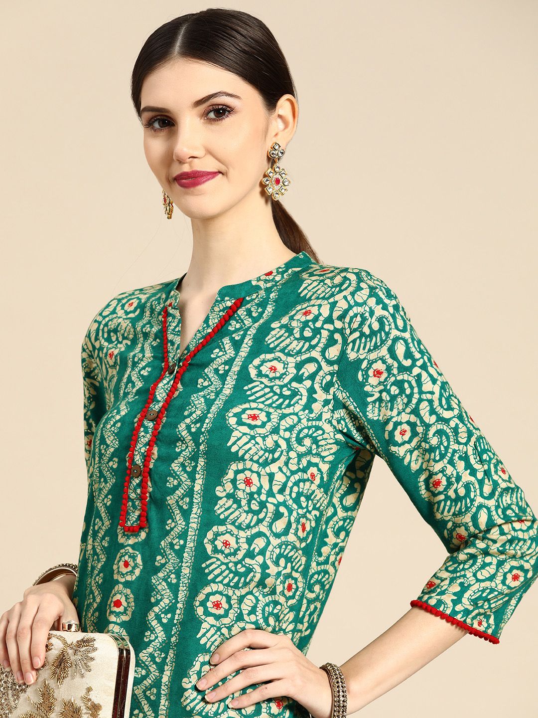 Anouk X fwd Women Green & Off White Ethnic Motifs Printed Kurta