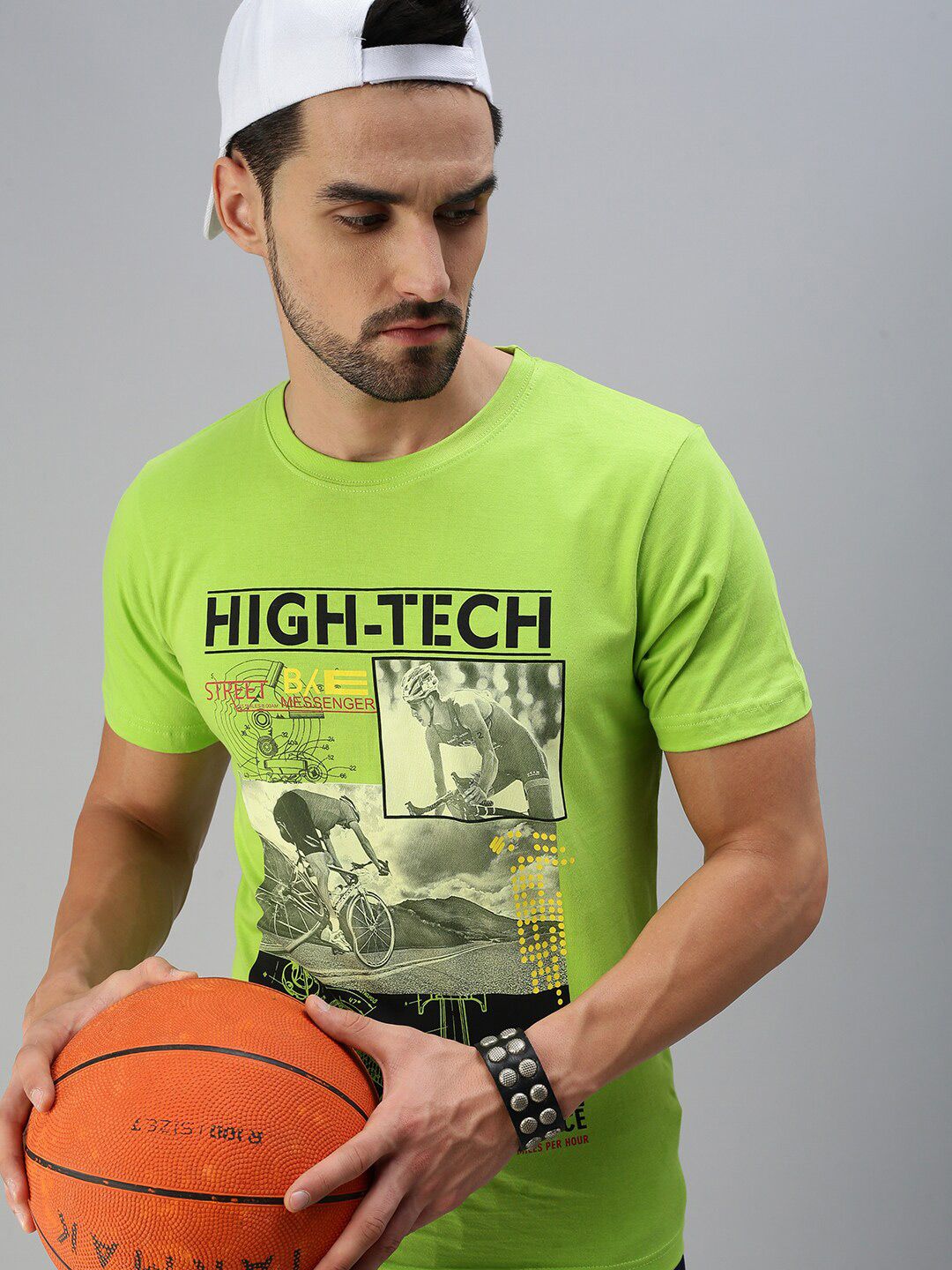 ONN Men Fluorescent Green Biker Printed Applique T-shirt