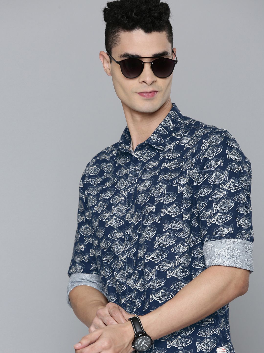 Flying Machine Men Navy Blue Printed Pure Cotton Casual Shirt