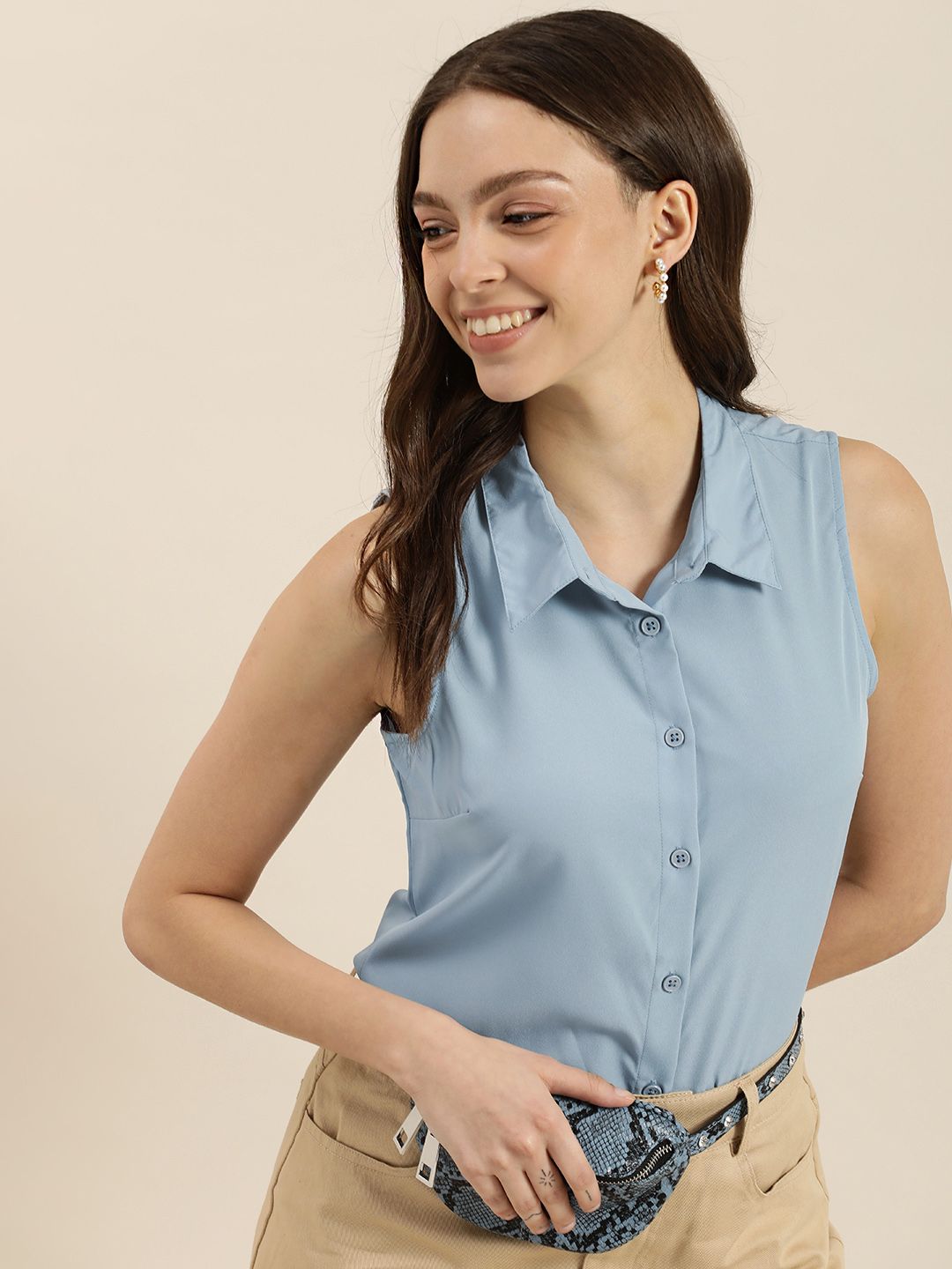 all about you Women Blue Solid Sleevless Casual Shirt