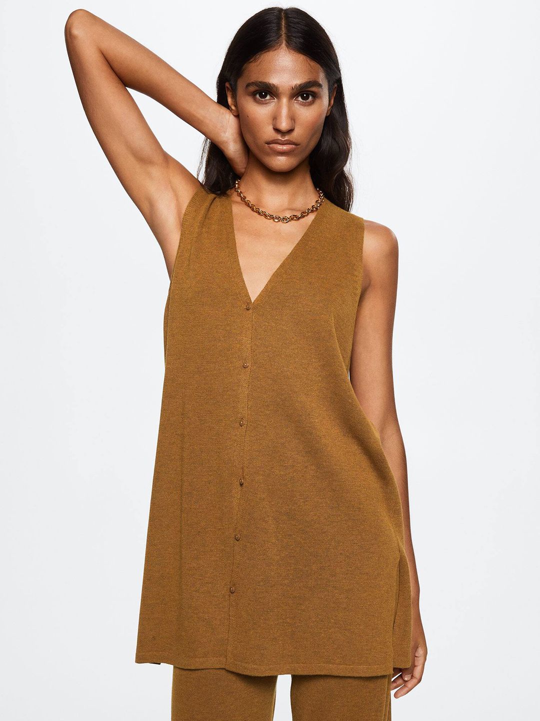 MANGO Women Brown Solid Linen Blend Oversized Longline Cardigan