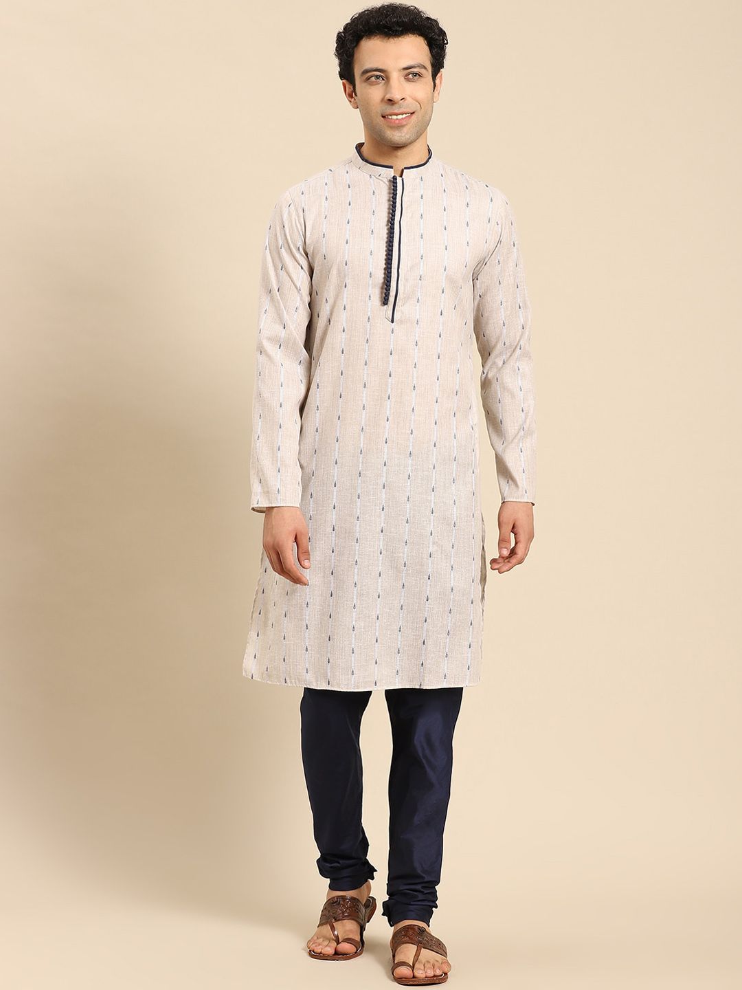 Amodh by Kisah Men Beige Geometric Thread Work Jacquard Kurta