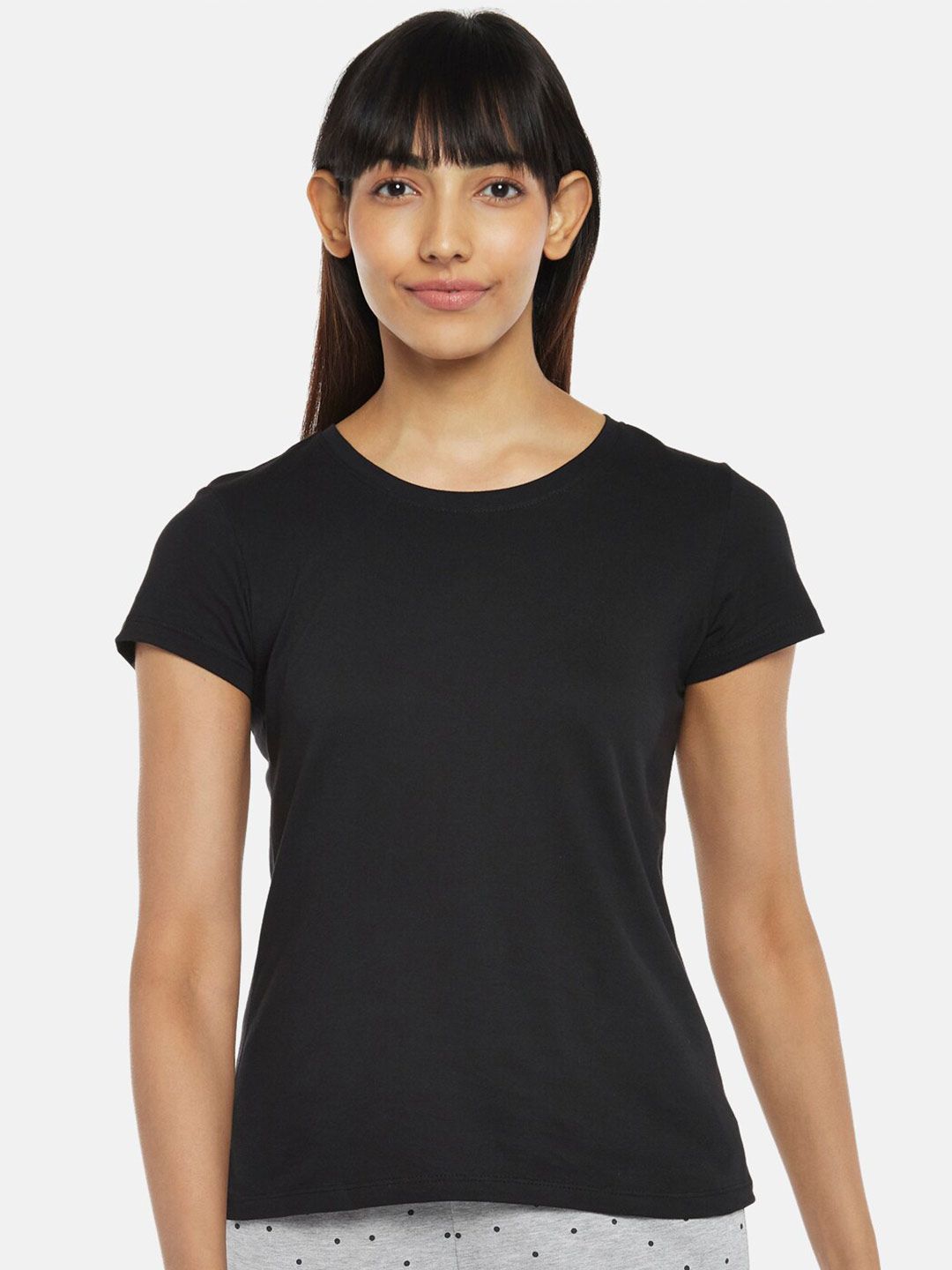 Dreamz by Pantaloons Women Round Neck Short Sleeve Black Solid Top