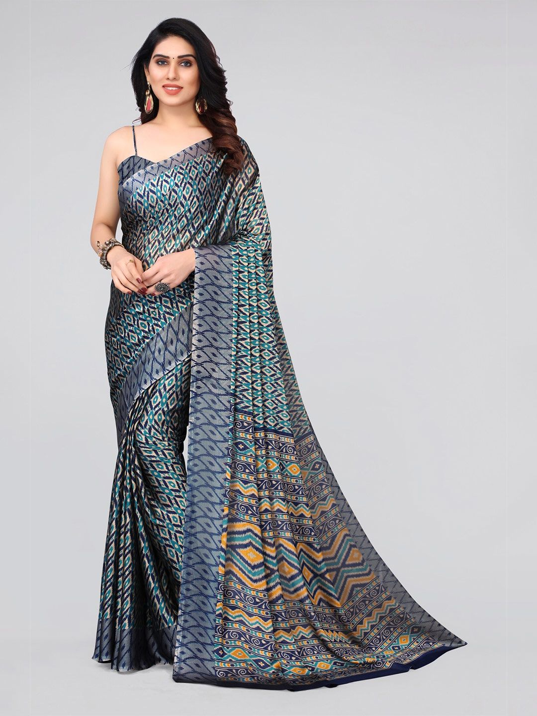 MIRCHI FASHION Blue Chiffon Ikat Saree
