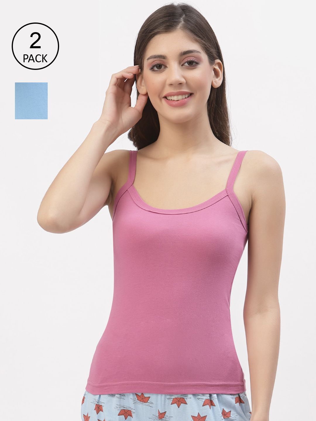 Floret Women Pack Of 2 Blue & Rose Pink Non-Padded Solid Camisoles