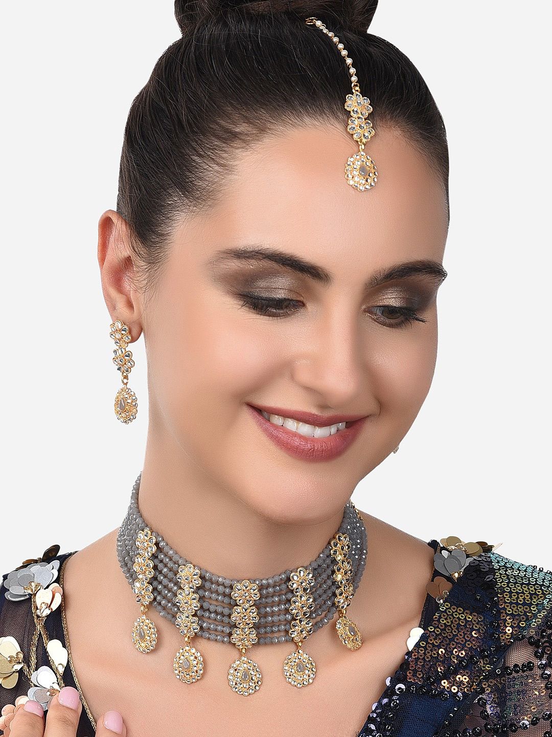 Buy Zaveri Pearls Gold Plated Grey Beaded Kundan Studded Jewellery Set -  - Accessories for Women