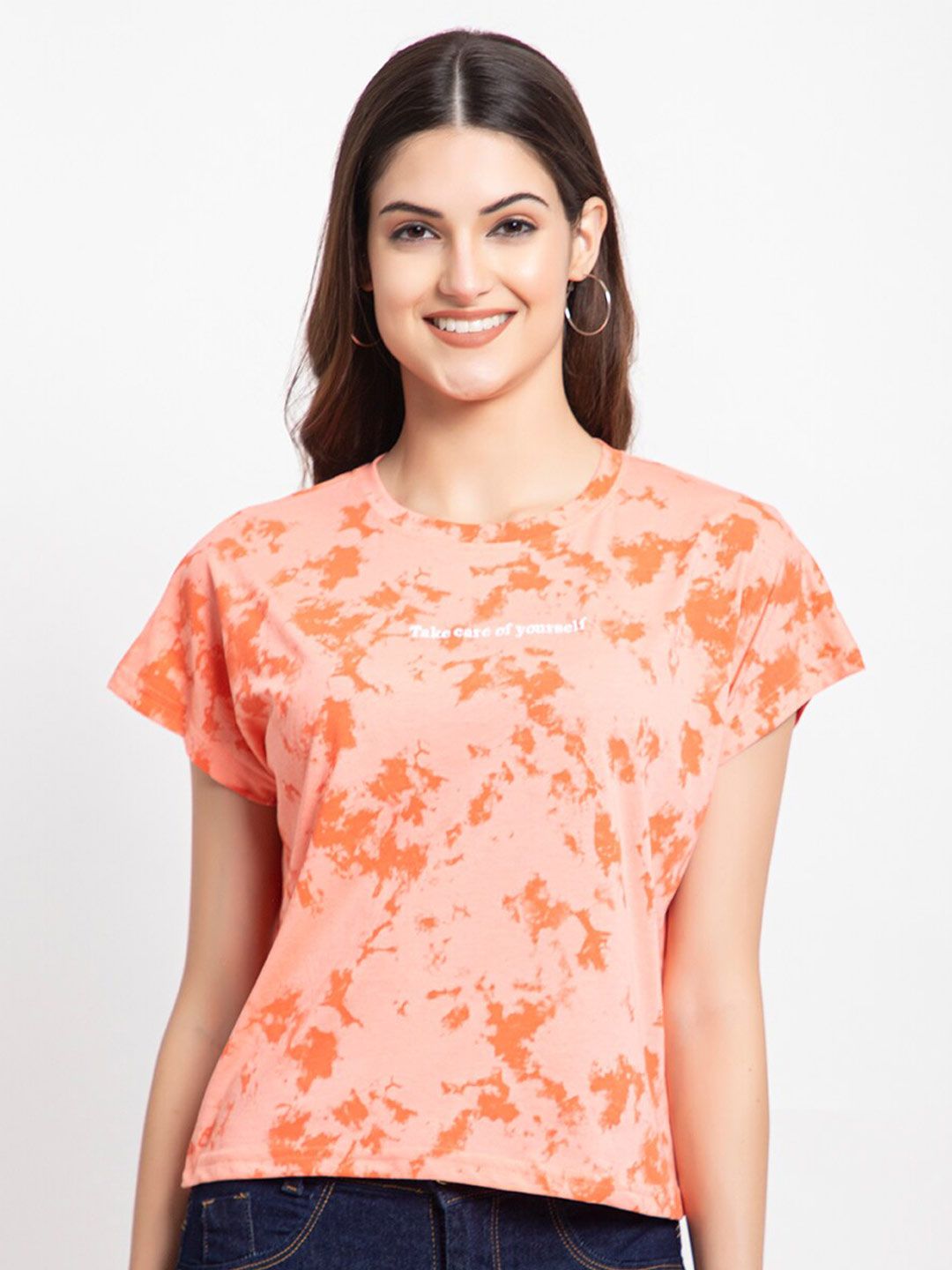 FEMEA Women Peach-Coloured Tie and Dye Printed T-shirt