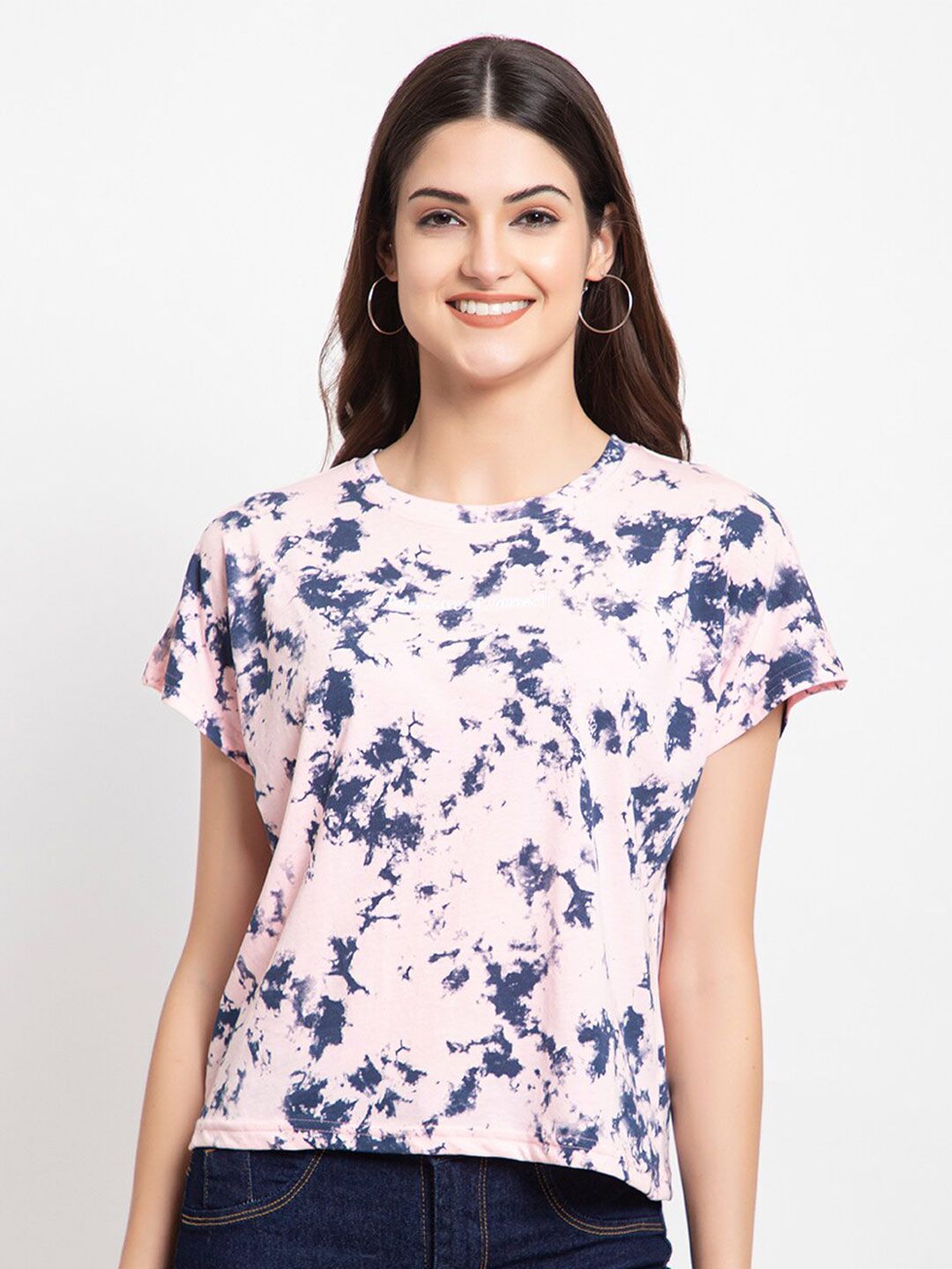 FEMEA Women Pink & Blue Tie and Dye Printed T-shirt