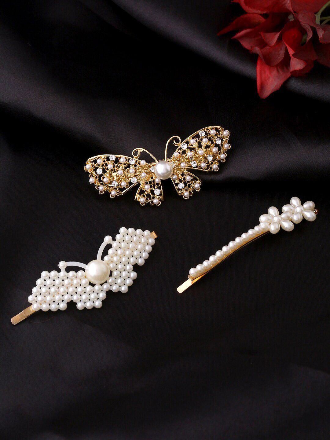 Yellow Chimes Women Set of 3 Gold-Toned & Cream-Coloured Embellished Bobby Pins