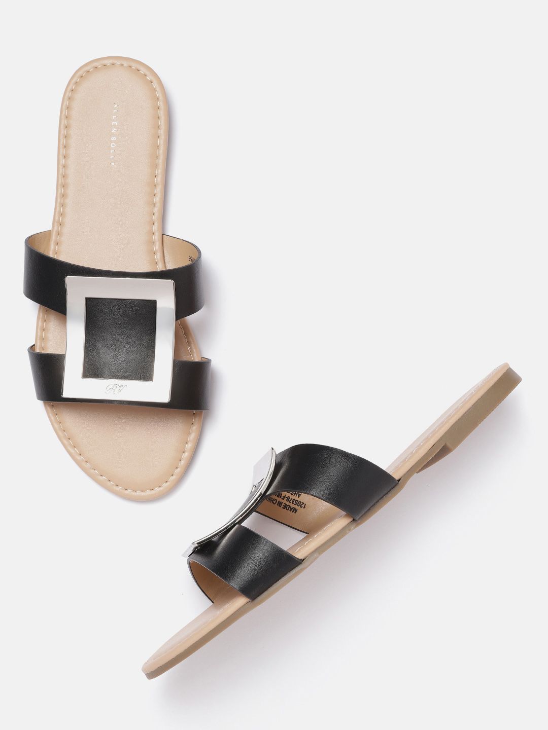 Allen Solly Women Black & Silver-Toned Solid Open Toe Flats