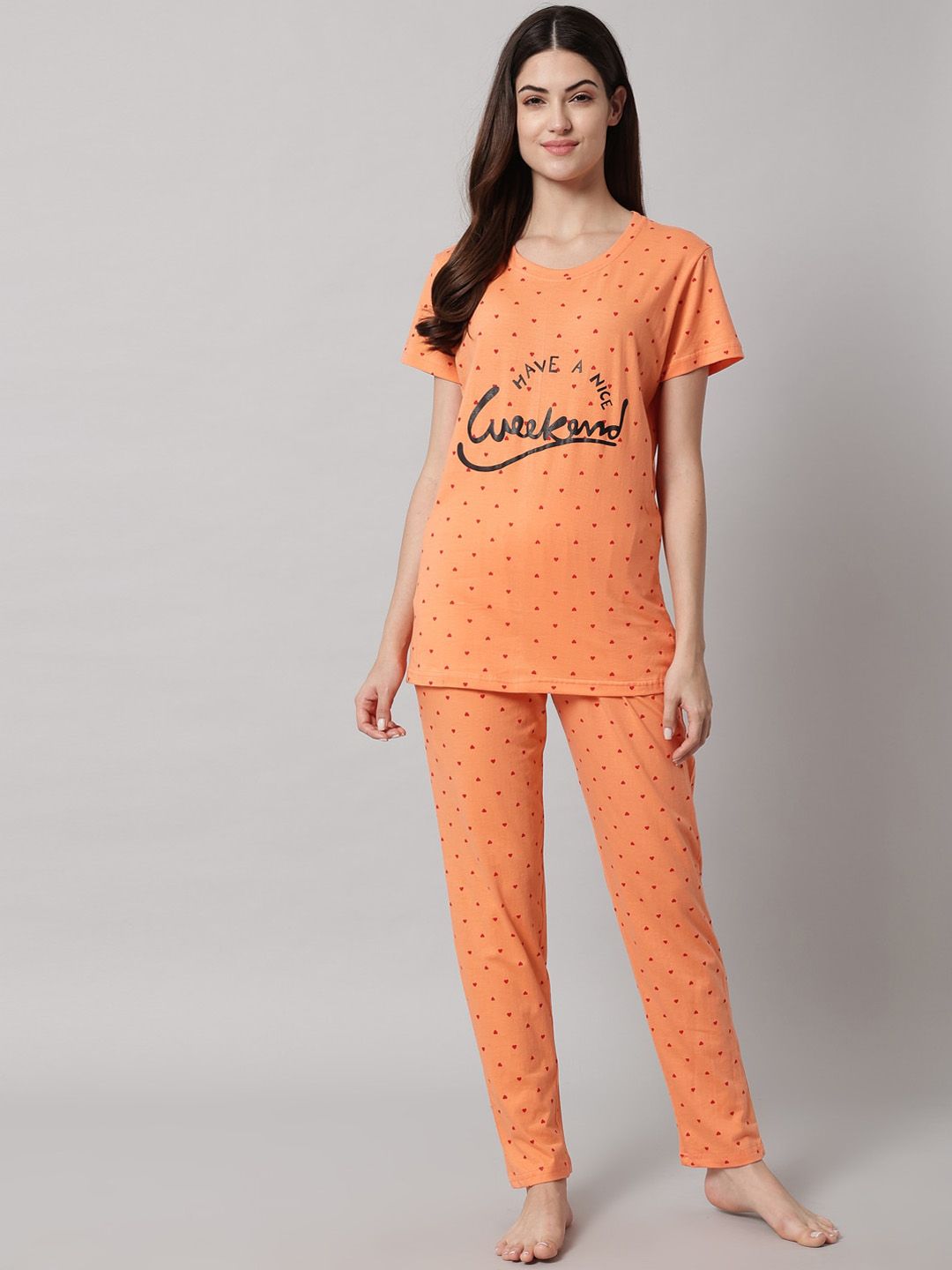 SEPHANI Women Pure cotton Peach-Coloured & Red Printed Night suit