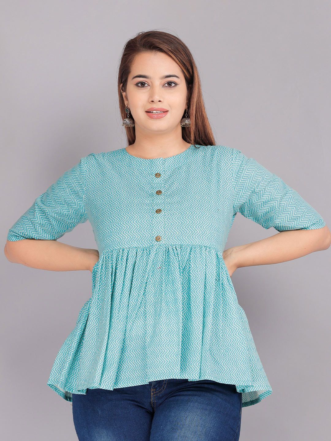 KALINI Women Blue Geometric Printed Peplum Top