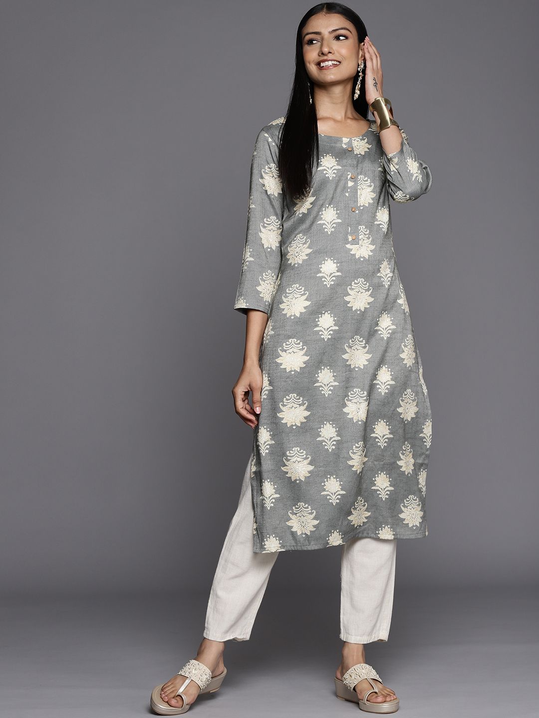 Varanga Women Grey & Cream-Coloured Ethnic Motifs Printed Kurta