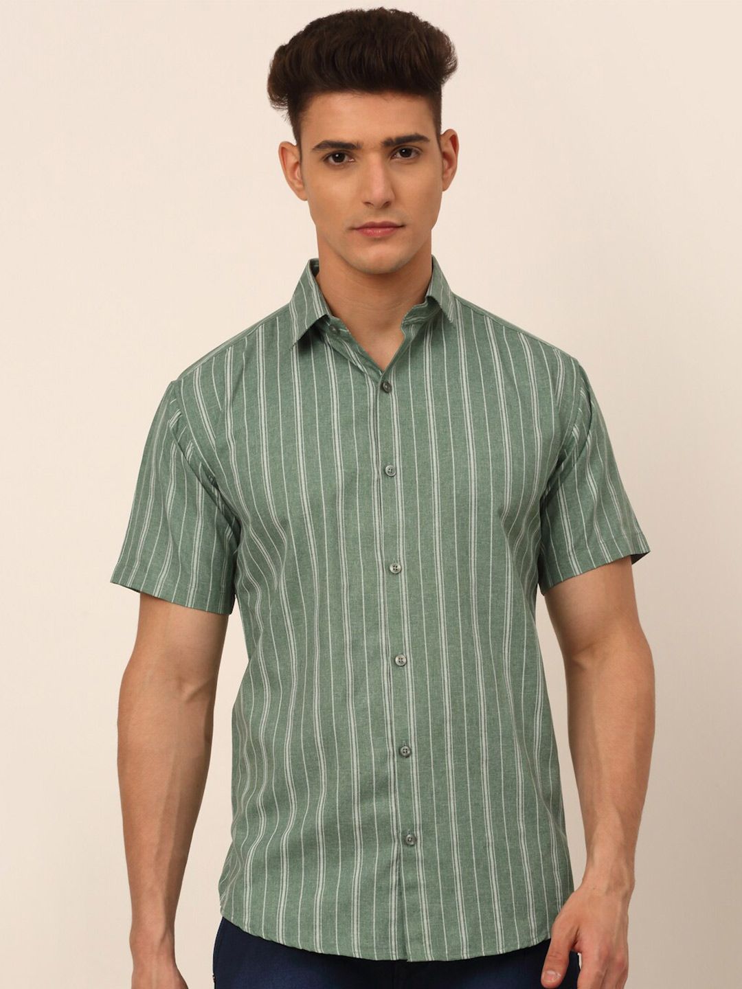 JAINISH Men Green Classic Striped Casual Shirt