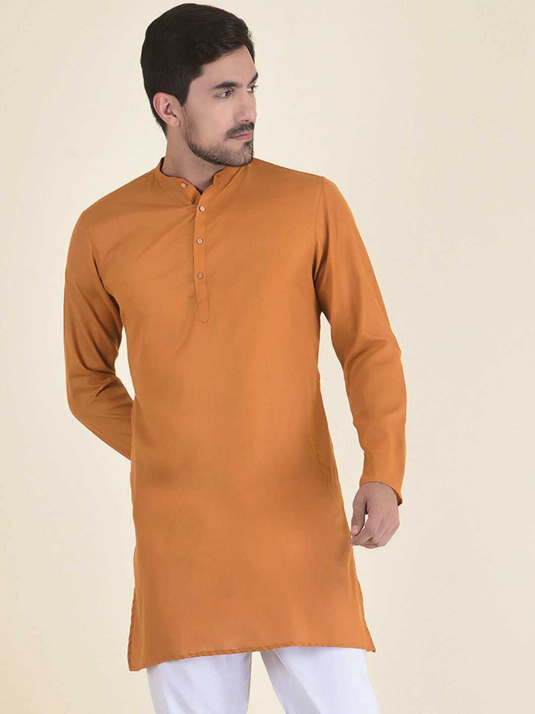 DEYANN Men Mustard Yellow Solid Mandarin collar Kurta