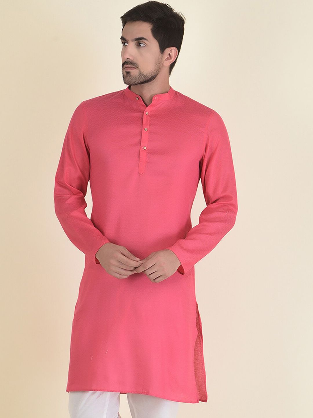 DEYANN Men Pink Thread Work Kurta