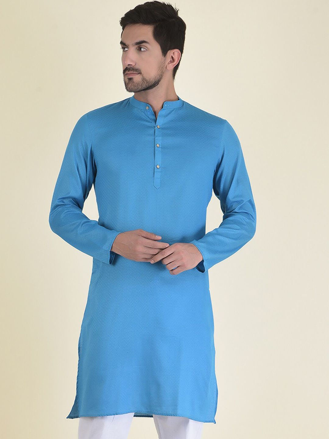 DEYANN Men Blue Jacquard Kurta