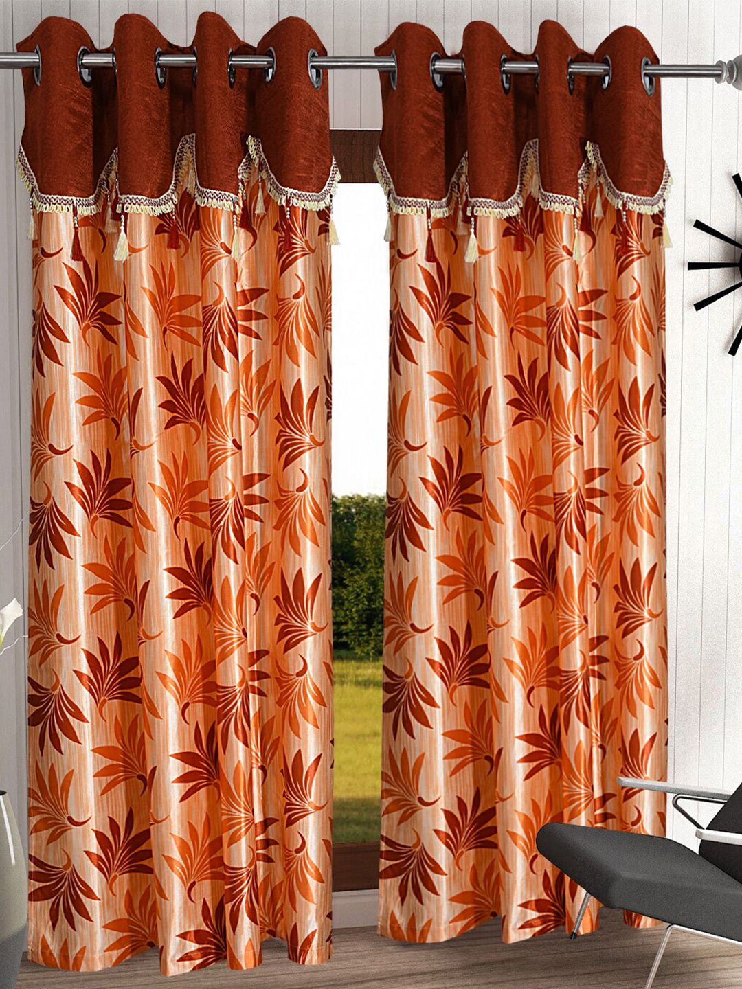 Buy Cortina Orange Set Of 2 Floral Long Door Curtain -  - Home for Unisex
