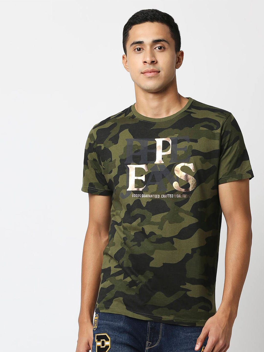 Pepe Jeans Men Olive Green Camouflage Printed Slim Fit T-shirt