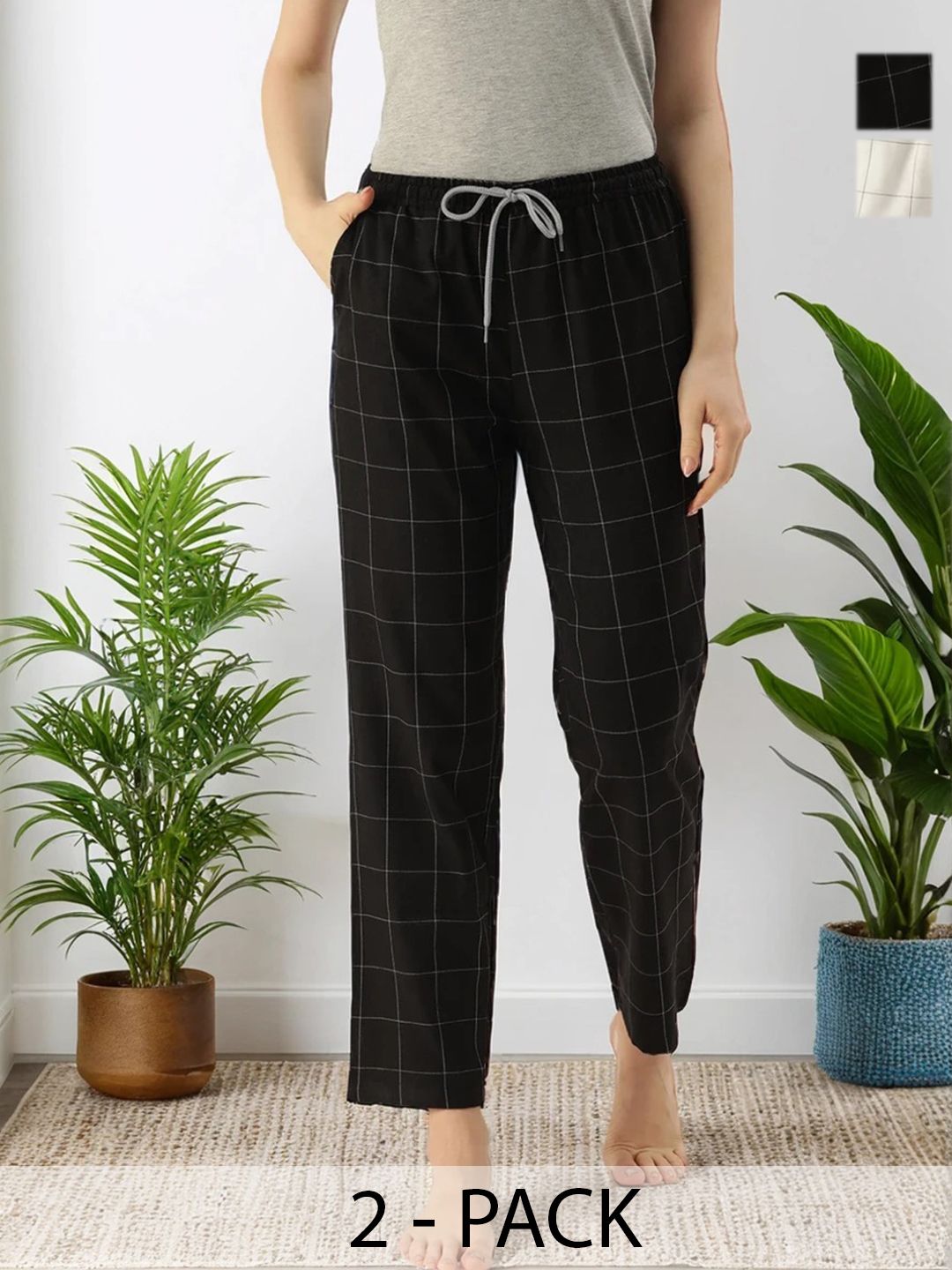 Kryptic Women Pack Of 2 BLack & White Checked Pure Cotton Lounge Pants