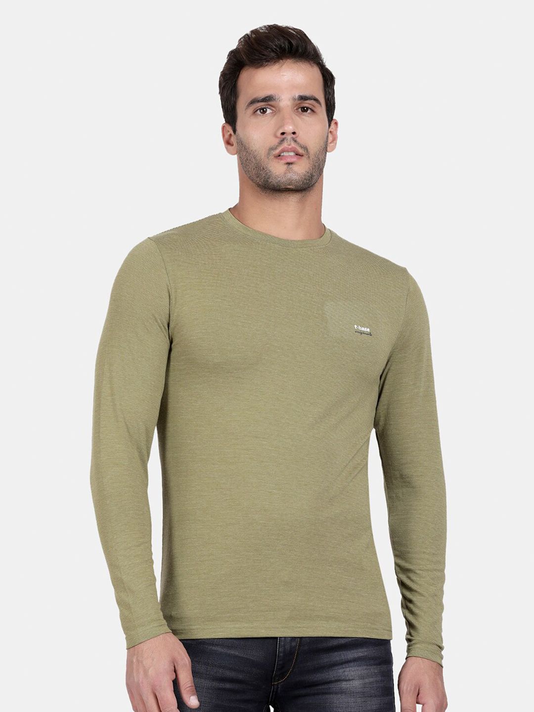 t-base Men Olive Green Solid Slim Fit Cotton T-shirt