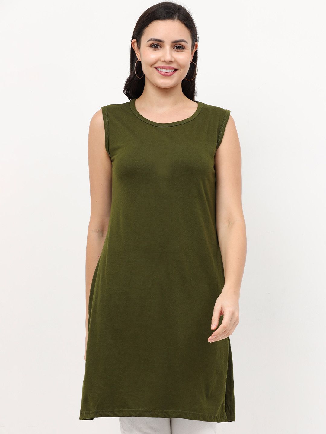 Fleximaa Women Olive Green Longline Sleeveless Top