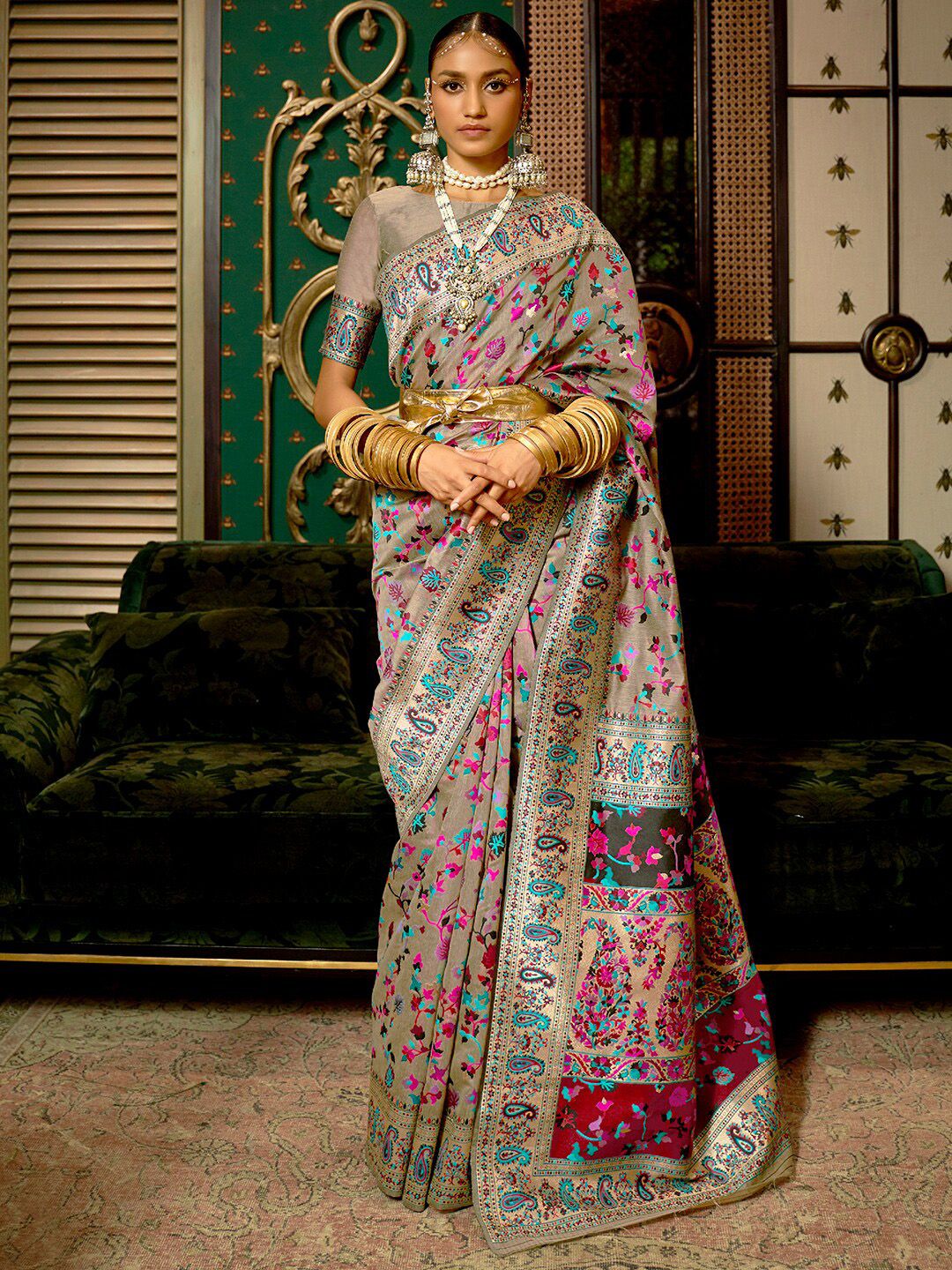 Mitera Grey & Pink Floral Zari Silk Blend Paithani Saree