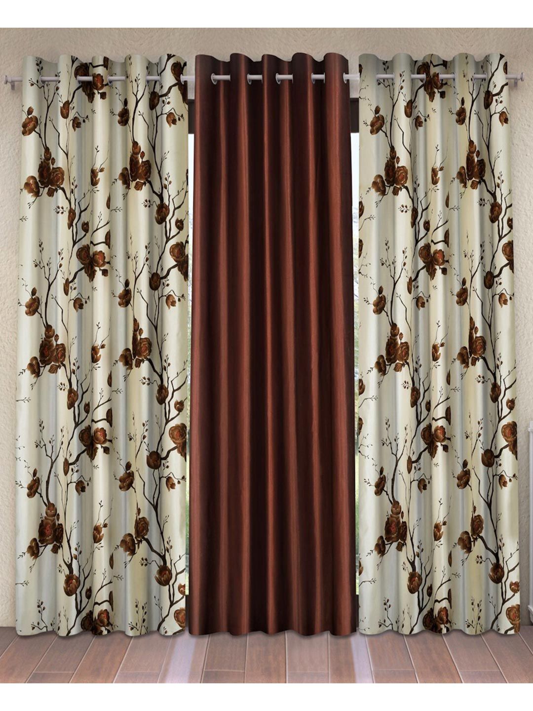 Fashion String Brown & White Set of 3 Floral Door Curtain