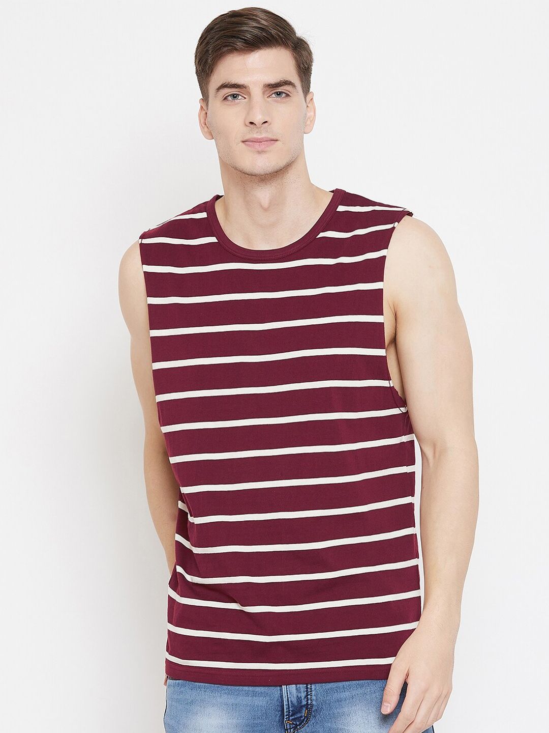 Hypernation Men Maroon Striped Loose T-shirt